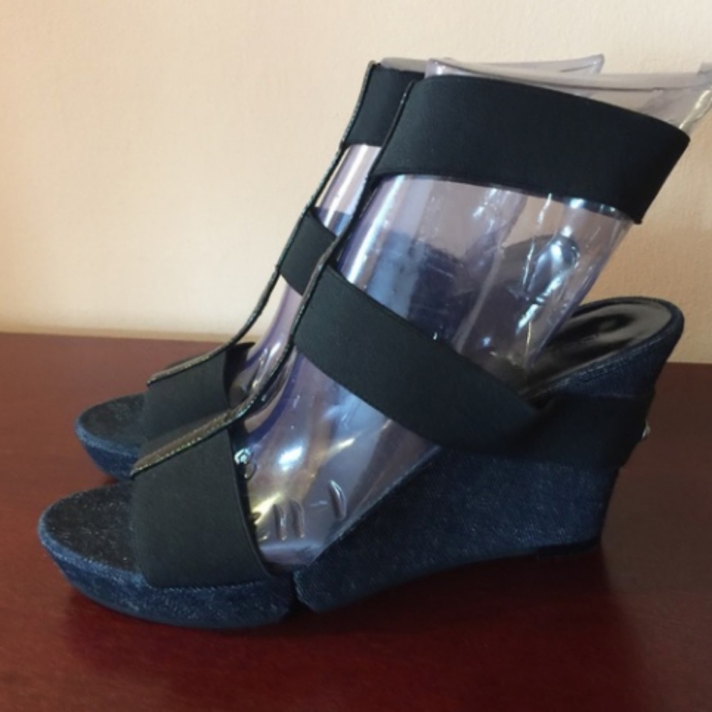 Donna Karan Denim & Black Wedge Sandal